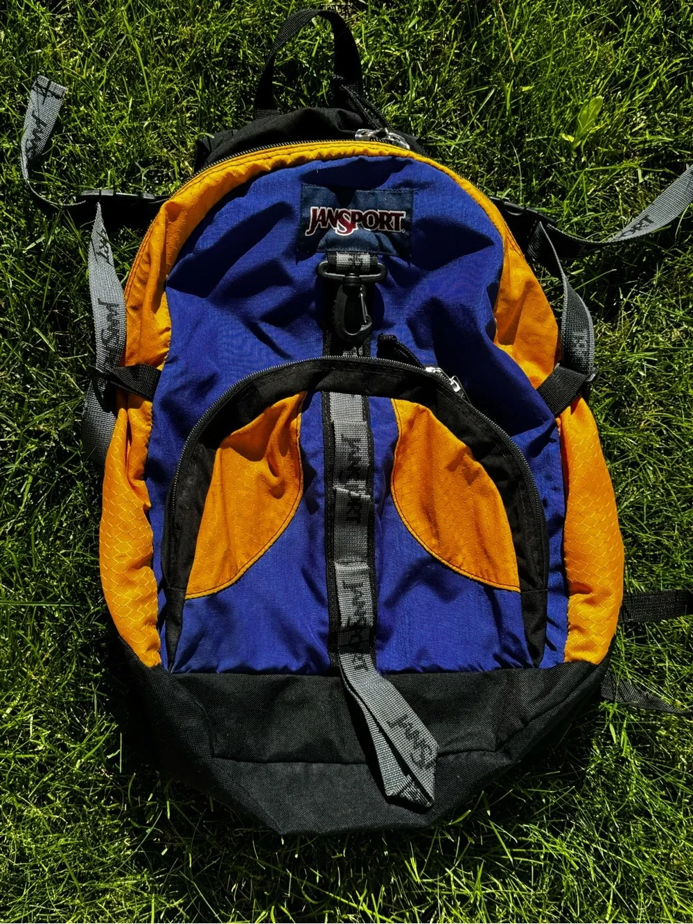 Vintage JanSport Y2K Colorblock Blue Orange Hiking Trail Backpack Logo Strap